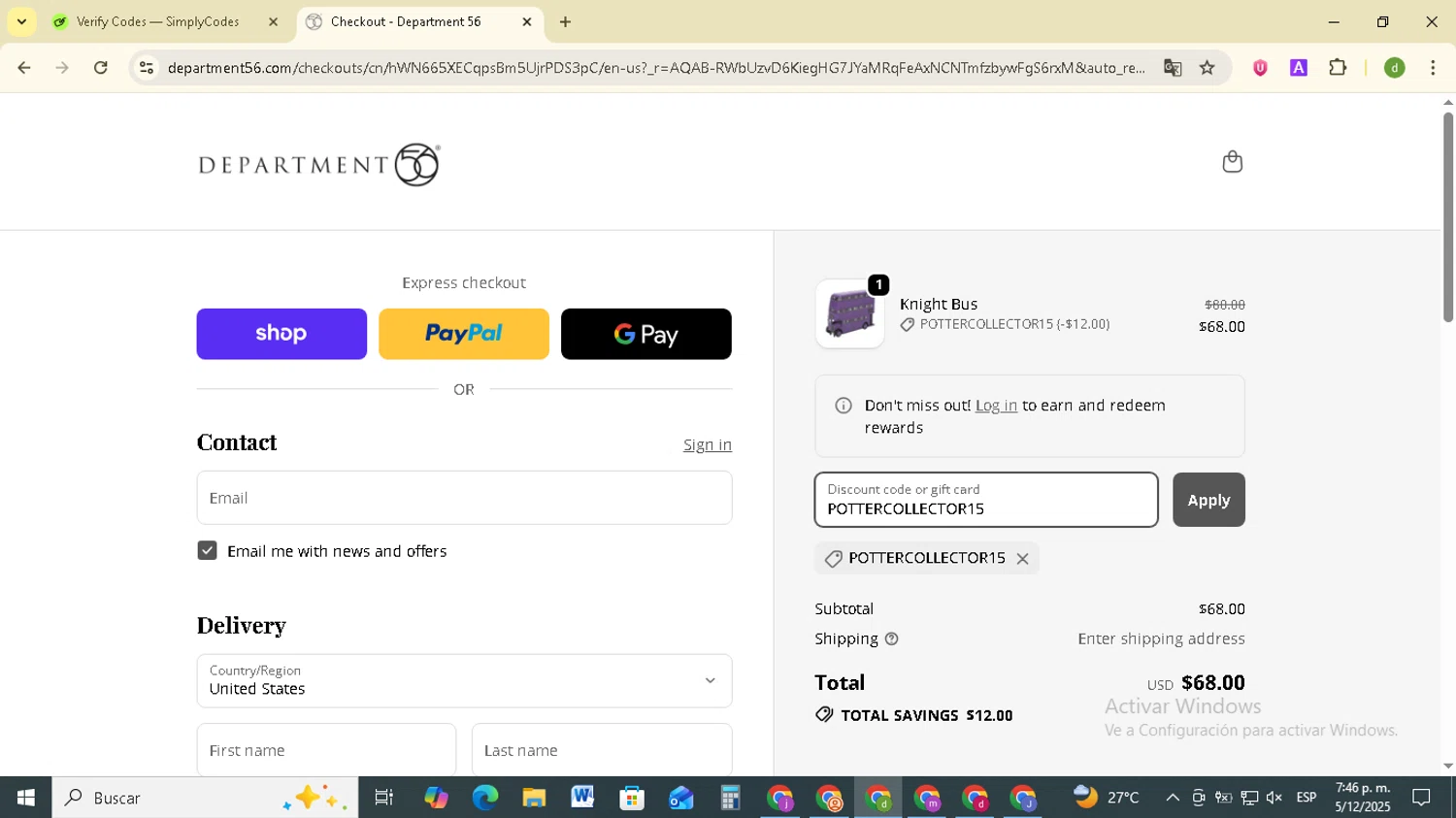 Department 56 discount code screenshot showing code POTTERCOLLECTOR15 applied at Department 56 checkout page. Uploaded by SimplyCodes community member SavingsSentinel833 on Dec 5, 2025