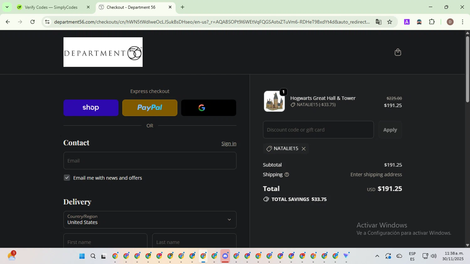 Department 56 discount code screenshot showing code Natalie15 applied at Department 56 checkout page. Uploaded by SimplyCodes community member NobleWarden6764 on Nov 30, 2025