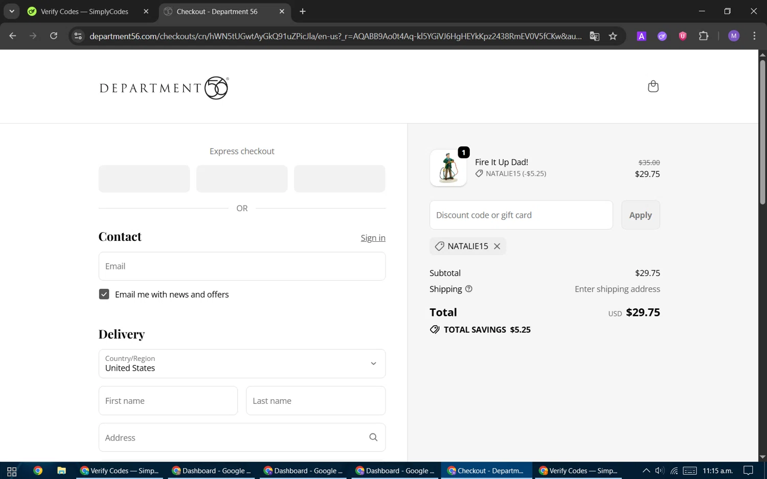 Department 56 discount code screenshot showing code Natalie15 applied at Department 56 checkout page. Uploaded by SimplyCodes community member VoucherScout6115 on Nov 30, 2025
