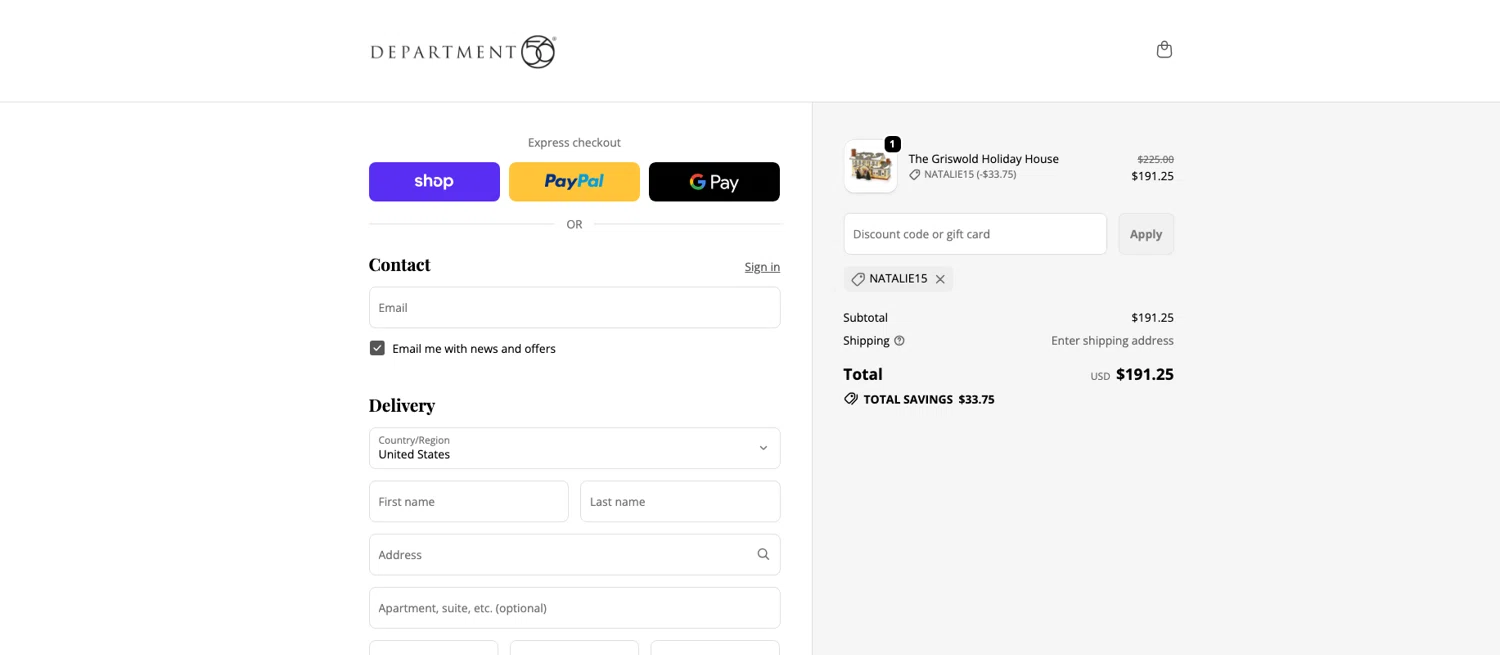 Department 56 discount code screenshot showing code Natalie15 applied at Department 56 checkout page. Uploaded by SimplyCodes community member ELOIN777 on Nov 24, 2025