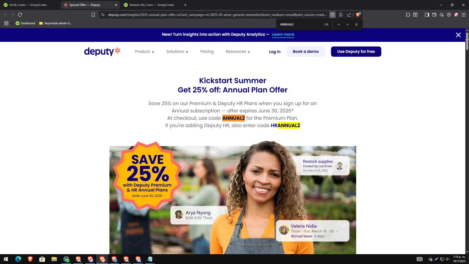 Deputy promo code screenshot showing code ANNUAL2 applied at Deputy checkout page. Uploaded by SimplyCodes community member CleverTracker4432 on Jul 19, 2025