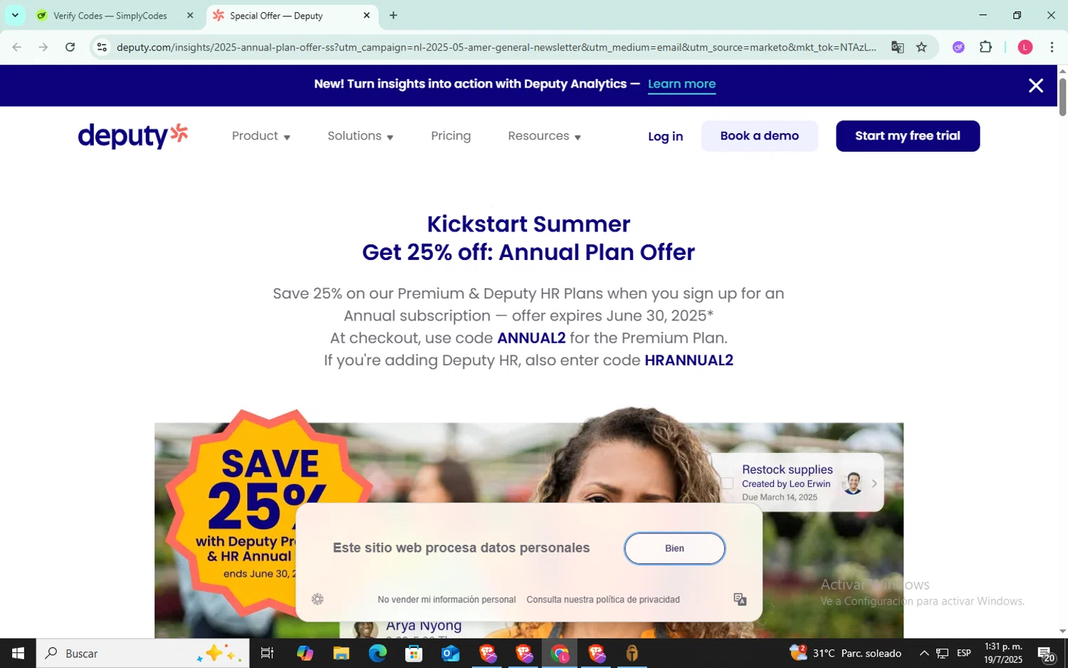 Deputy promo code screenshot showing code ANNUAL2 applied at Deputy checkout page. Uploaded by SimplyCodes community member SilverFox3257 on Jul 19, 2025