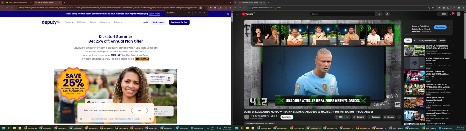 Deputy promo code screenshot showing code HRANNUAL2 applied at Deputy checkout page. Uploaded by SimplyCodes community member GloriousPioneer2942 on Oct 14, 2025