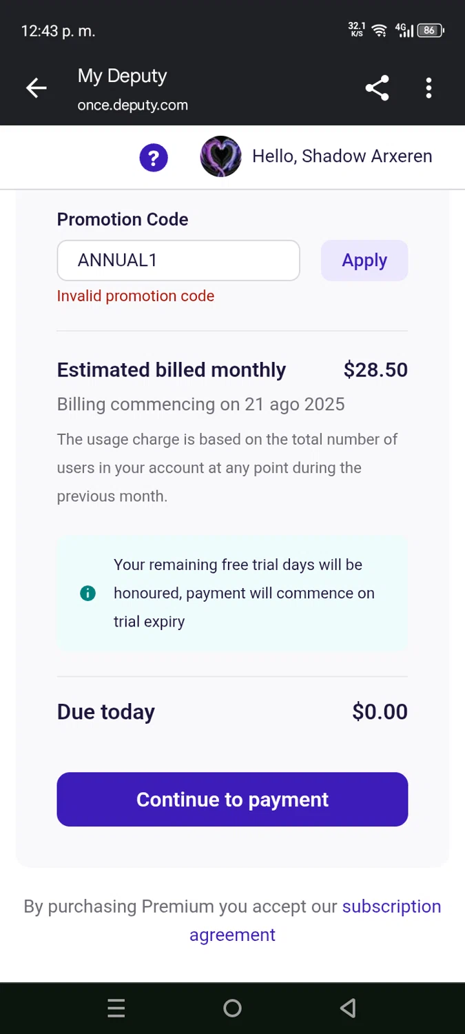Deputy promo code screenshot showing code ANNUAL1 applied at Deputy checkout page. Uploaded by SimplyCodes community member EpicHero3429 on Jul 19, 2025