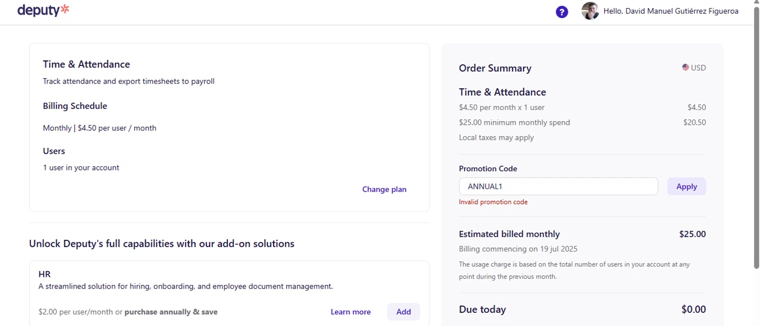 Deputy promo code screenshot showing code ANNUAL1 applied at Deputy checkout page. Uploaded by SimplyCodes community member MariAPB on Jul 19, 2025
