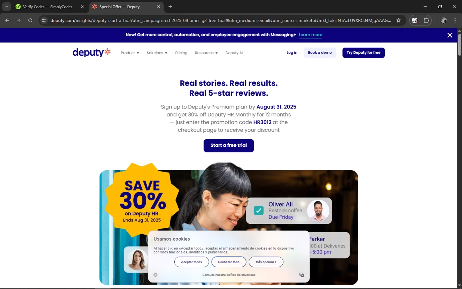 Deputy promo code screenshot showing code HR3012 applied at Deputy checkout page. Uploaded by SimplyCodes community member ELMARRON on Oct 30, 2025
