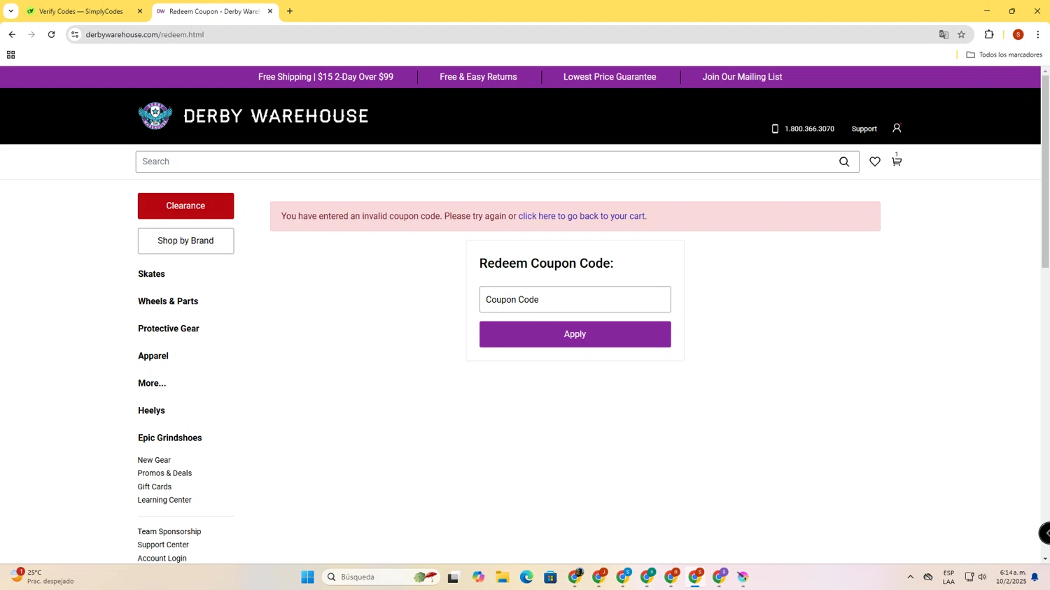 Derby Warehouse promo code screenshot showing code MEMORIAL applied at Derby Warehouse checkout page. Uploaded by SimplyCodes community member LegendaryBoss2307 on Feb 10, 2025
