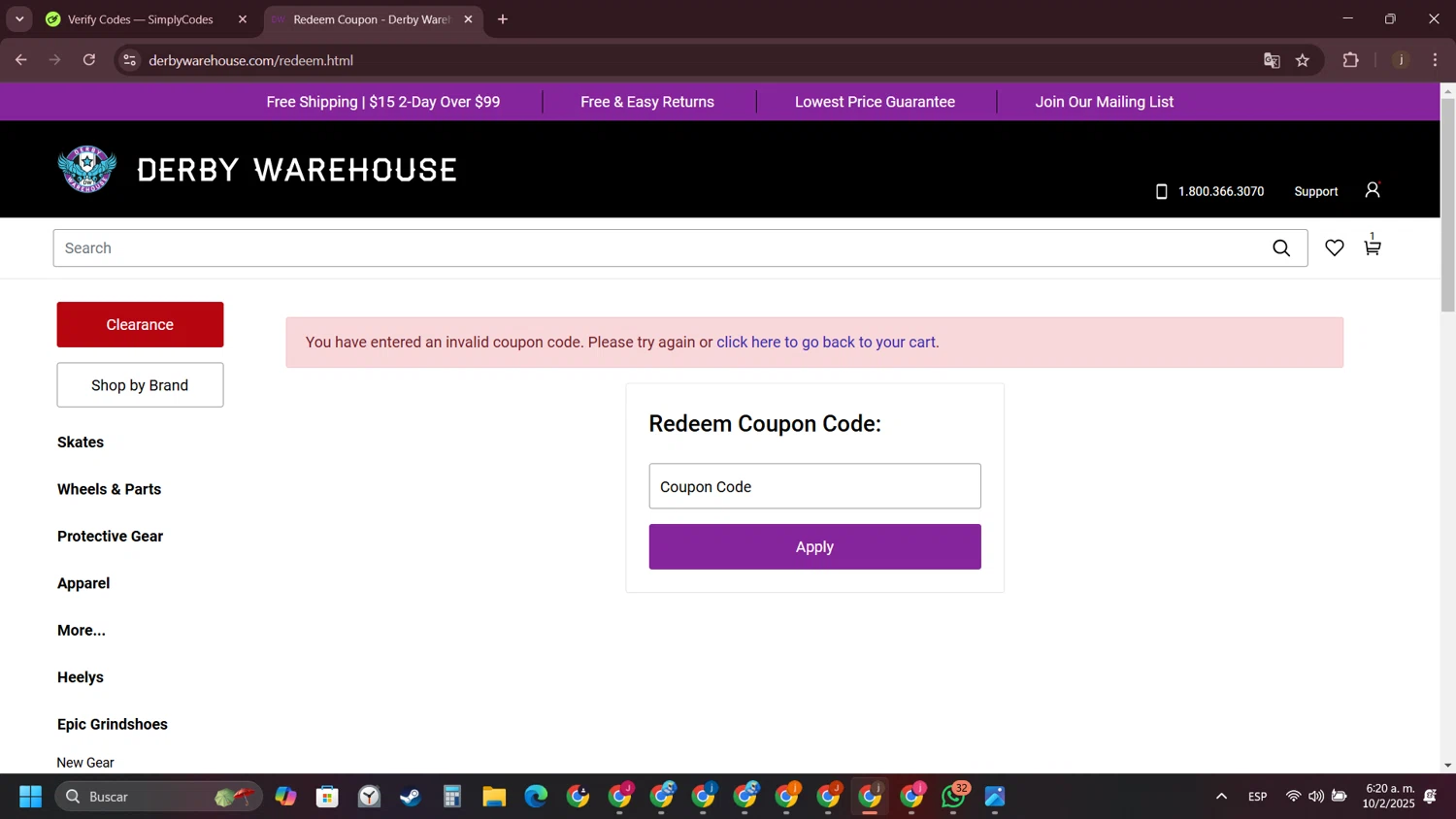 Derby Warehouse promo code screenshot showing code MEMORIAL applied at Derby Warehouse checkout page. Uploaded by SimplyCodes community member VictoriousVirtuoso7711 on Feb 10, 2025