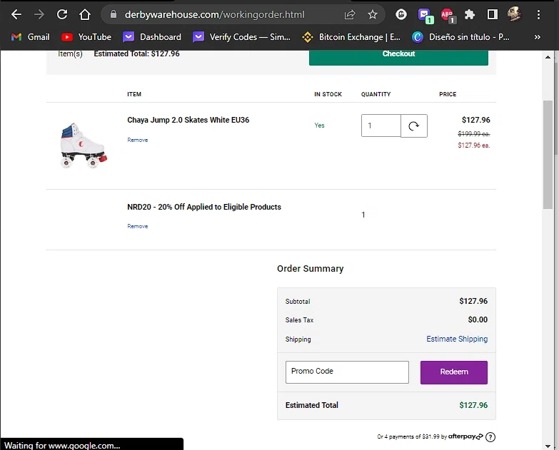 Derby Warehouse checkout page showing Derby Warehouse promo code box | Screenshot taken by SimplyCodes community member on Jul 6, 2023
