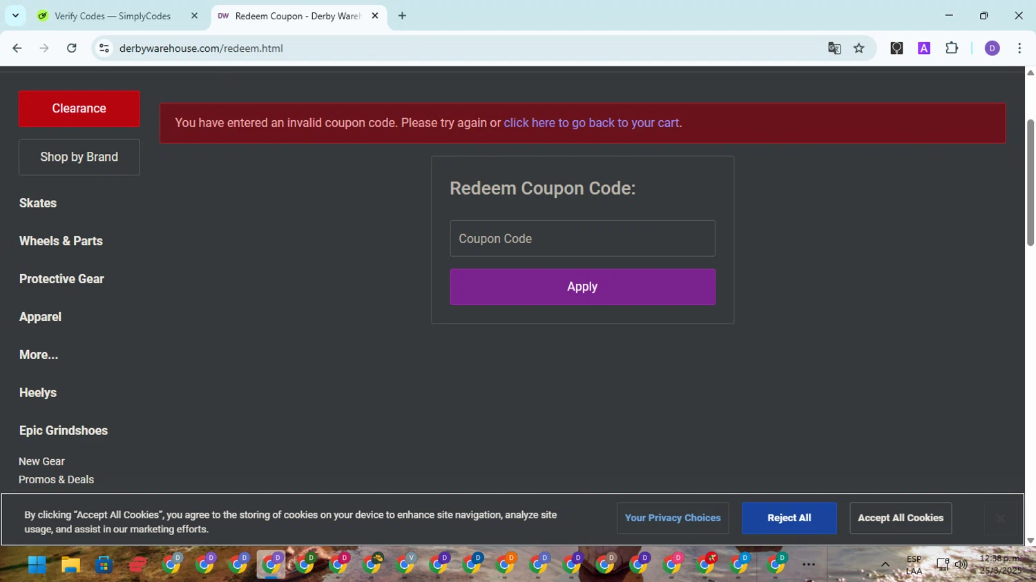 Derby Warehouse promo code screenshot showing code nrd20 applied at Derby Warehouse checkout page. Uploaded by SimplyCodes community member SavingsGuardian5156 on Mar 25, 2025