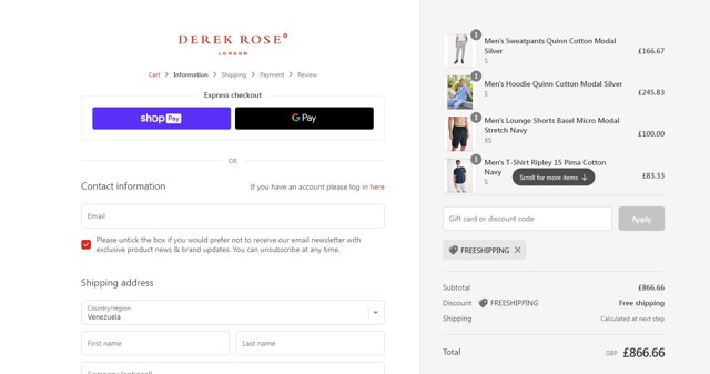 Derek Rose checkout page showing Derek Rose discount code box | Screenshot taken by SimplyCodes community member on May 17, 2023
