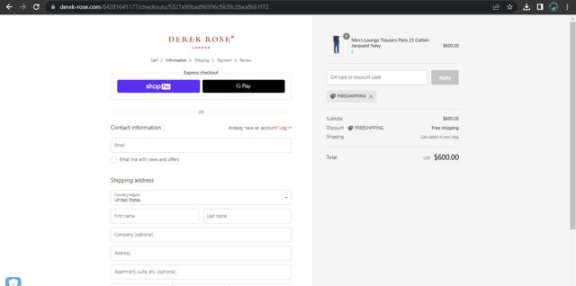 Derek Rose checkout page showing Derek Rose discount code box | Screenshot taken by SimplyCodes community member on Mar 20, 2023