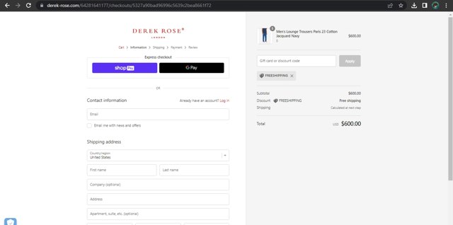 Derek Rose checkout page showing Derek Rose discount code box | Screenshot taken by SimplyCodes community member on Mar 20, 2023