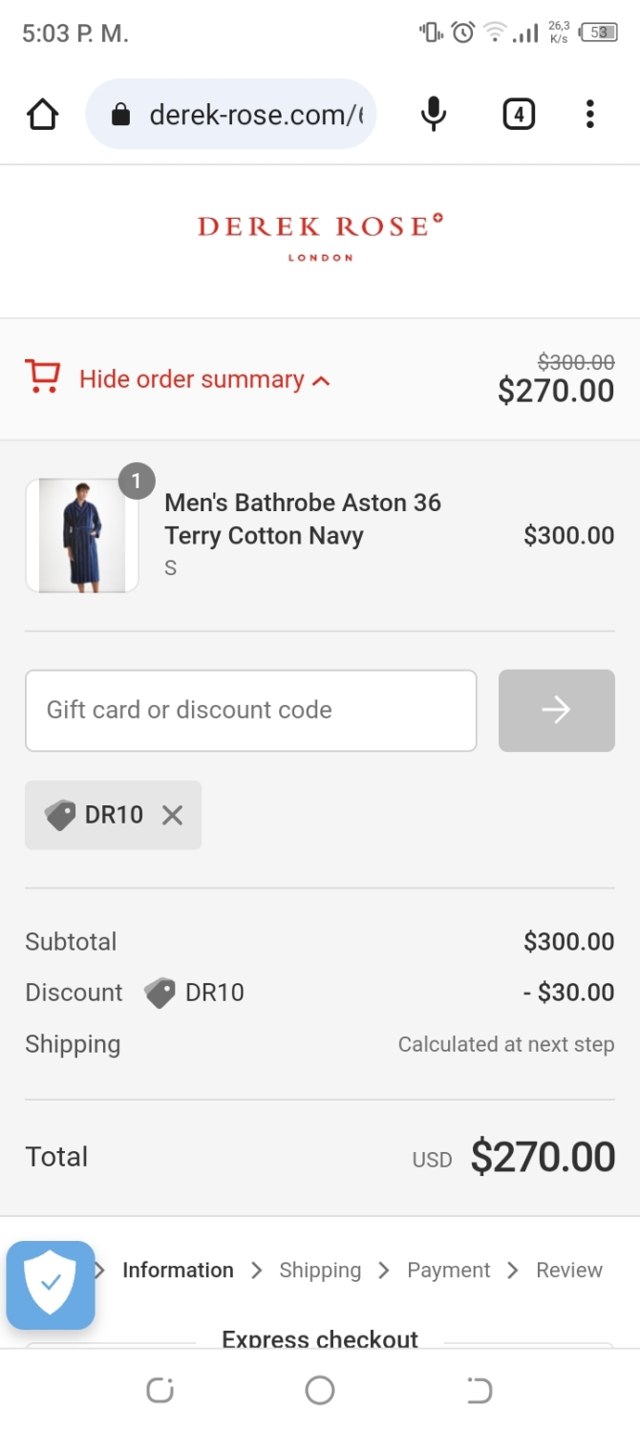 Derek Rose checkout page showing Derek Rose discount code box | Screenshot taken by SimplyCodes community member on Aug 23, 2023