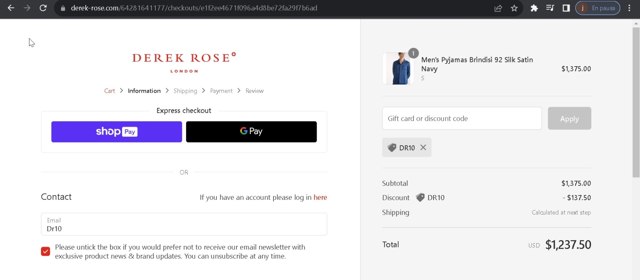 Derek Rose checkout page showing Derek Rose discount code box | Screenshot taken by SimplyCodes community member on Aug 10, 2023