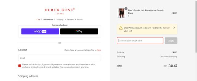 Derek Rose checkout page showing Derek Rose discount code box | Screenshot taken by SimplyCodes community member on Mar 7, 2024