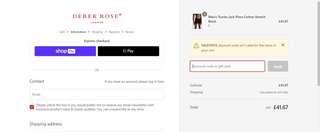 Derek Rose checkout page showing Derek Rose discount code box | Screenshot taken by SimplyCodes community member on Mar 7, 2024