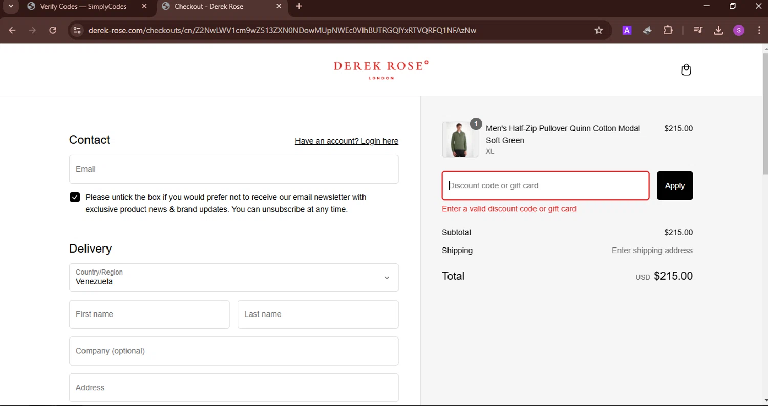 Derek Rose discount code screenshot showing code JZVK4G86 applied at Derek Rose checkout page. Uploaded by SimplyCodes community member AbusaGordas on Feb 25, 2025