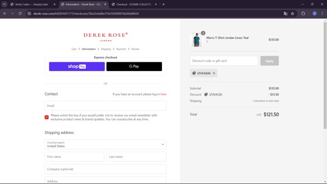 Derek Rose checkout page showing Derek Rose discount code box | Screenshot taken by SimplyCodes community member on Jun 22, 2024