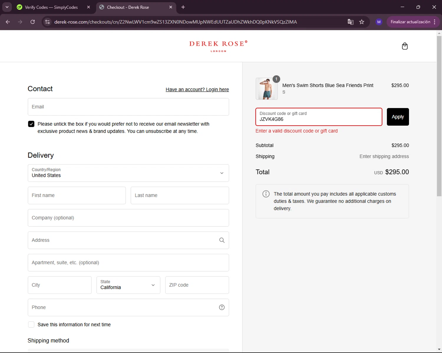 Derek Rose discount code screenshot showing code JZVK4G86 applied at Derek Rose checkout page. Uploaded by SimplyCodes community member RewardLynx5307 on Feb 25, 2025