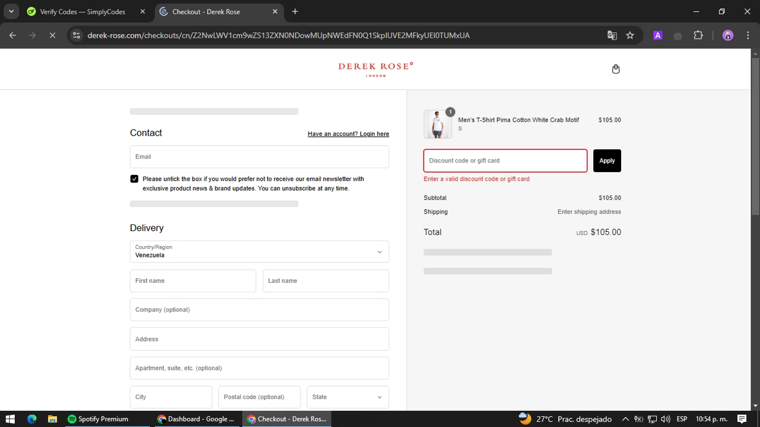 Derek Rose discount code screenshot showing code JZVK4G86 applied at Derek Rose checkout page. Uploaded by SimplyCodes community member jesusguqnipatwo on Feb 25, 2025