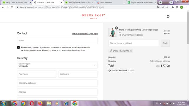 Derek Rose checkout page showing Derek Rose discount code box | Screenshot taken by SimplyCodes community member on Sep 3, 2024