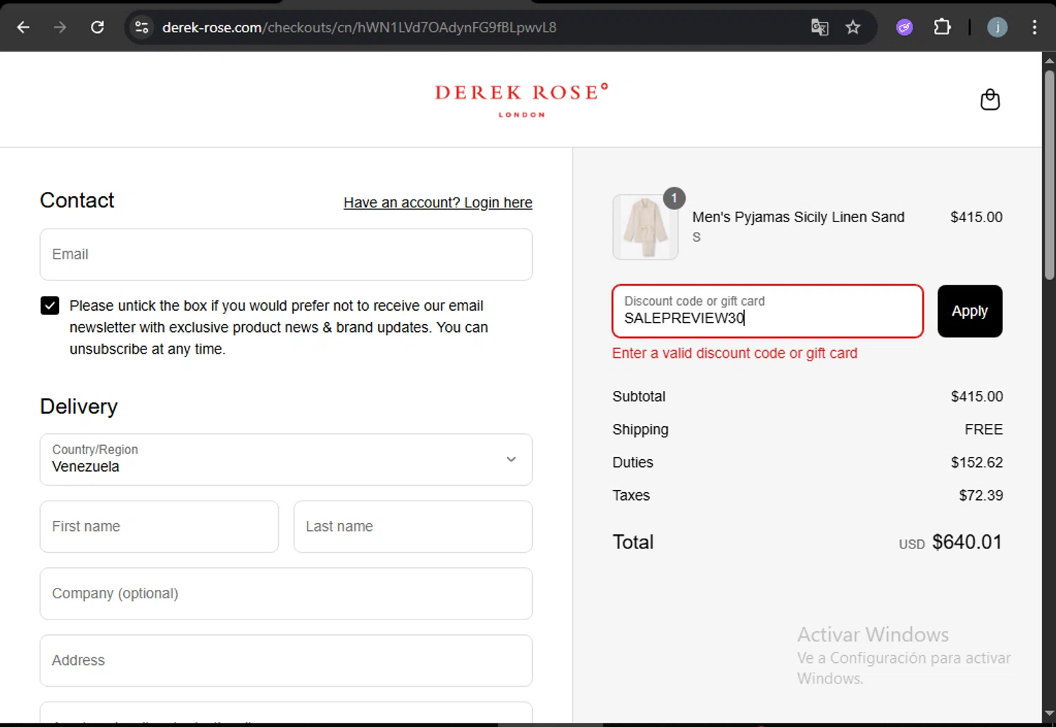 Derek Rose discount code screenshot showing code SALEPREVIEW30 applied at Derek Rose checkout page. Uploaded by SimplyCodes community member VictoriousCurator5776 on Aug 2, 2025