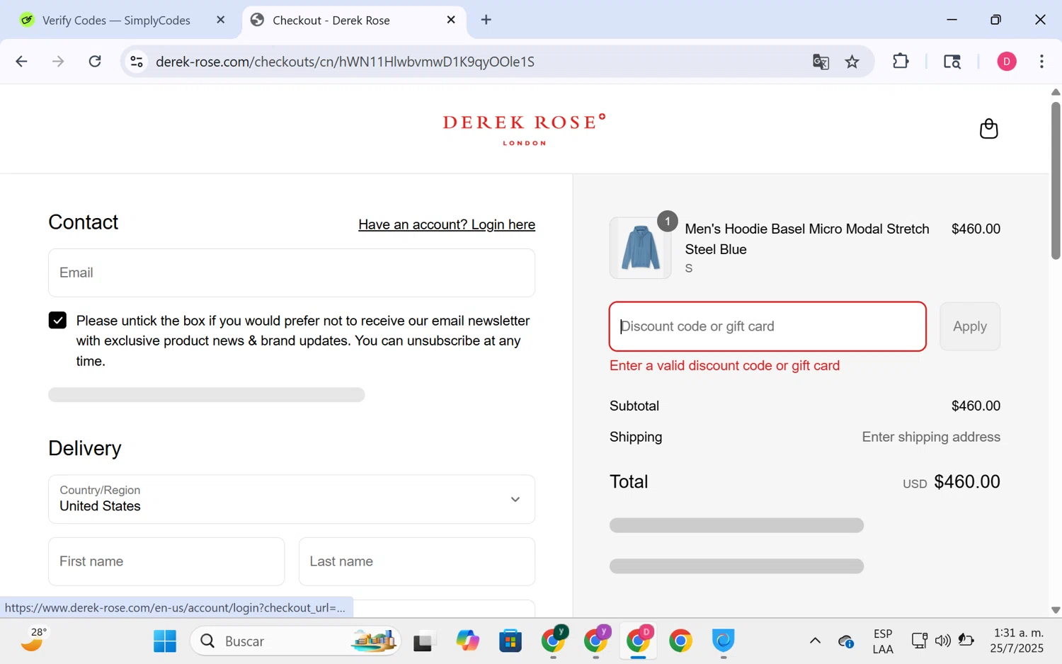 Derek Rose discount code screenshot showing code ROD10 applied at Derek Rose checkout page. Uploaded by SimplyCodes community member LuckyHero4650 on Jul 25, 2025