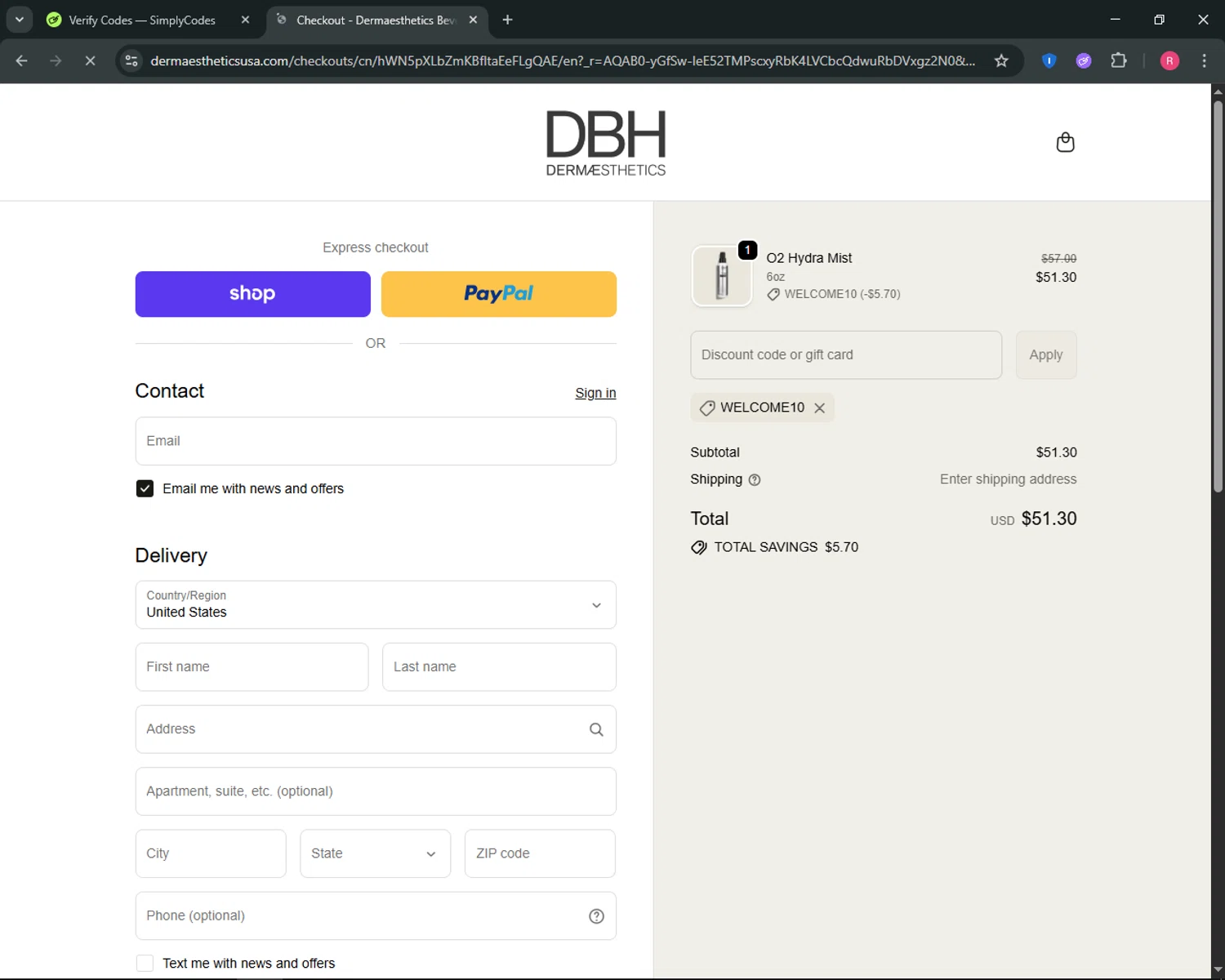 Dermaesthetics Beverly Hills promo code screenshot showing code WELCOME10 applied at Dermaesthetics Beverly Hills checkout page. Uploaded by SimplyCodes community member ThriftyGuardian8485 on Nov 28, 2025