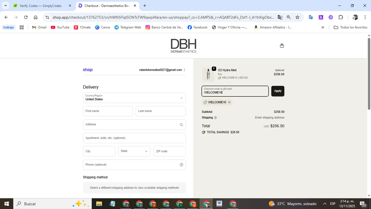 Dermaesthetics Beverly Hills promo code screenshot showing code WELCOME10 applied at Dermaesthetics Beverly Hills checkout page. Uploaded by SimplyCodes community member alfredohernandez on Nov 13, 2025