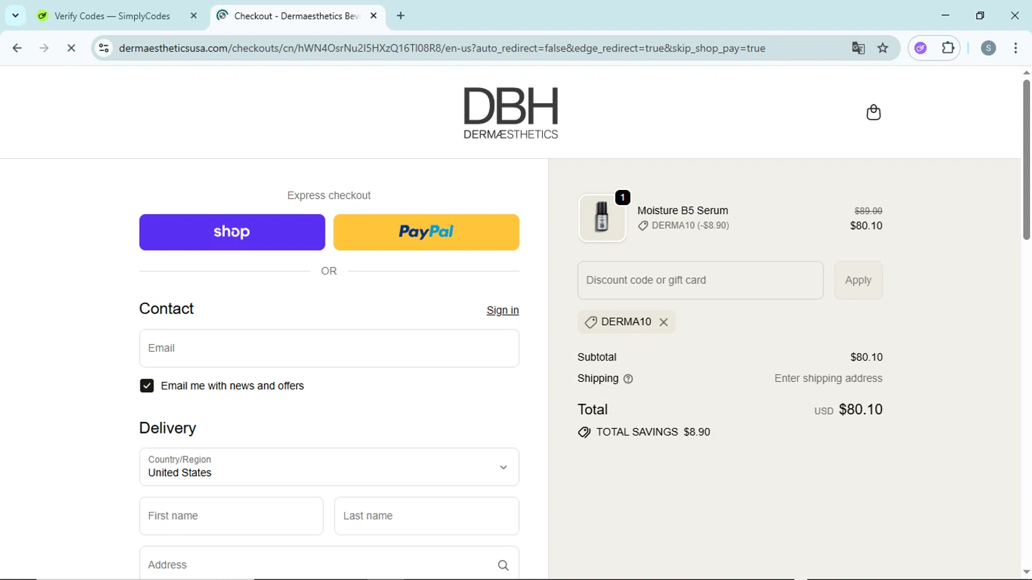 Dermaesthetics Beverly Hills promo code screenshot showing code DERMA10 applied at Dermaesthetics Beverly Hills checkout page. Uploaded by SimplyCodes community member EpicScholar6418 on Oct 22, 2025