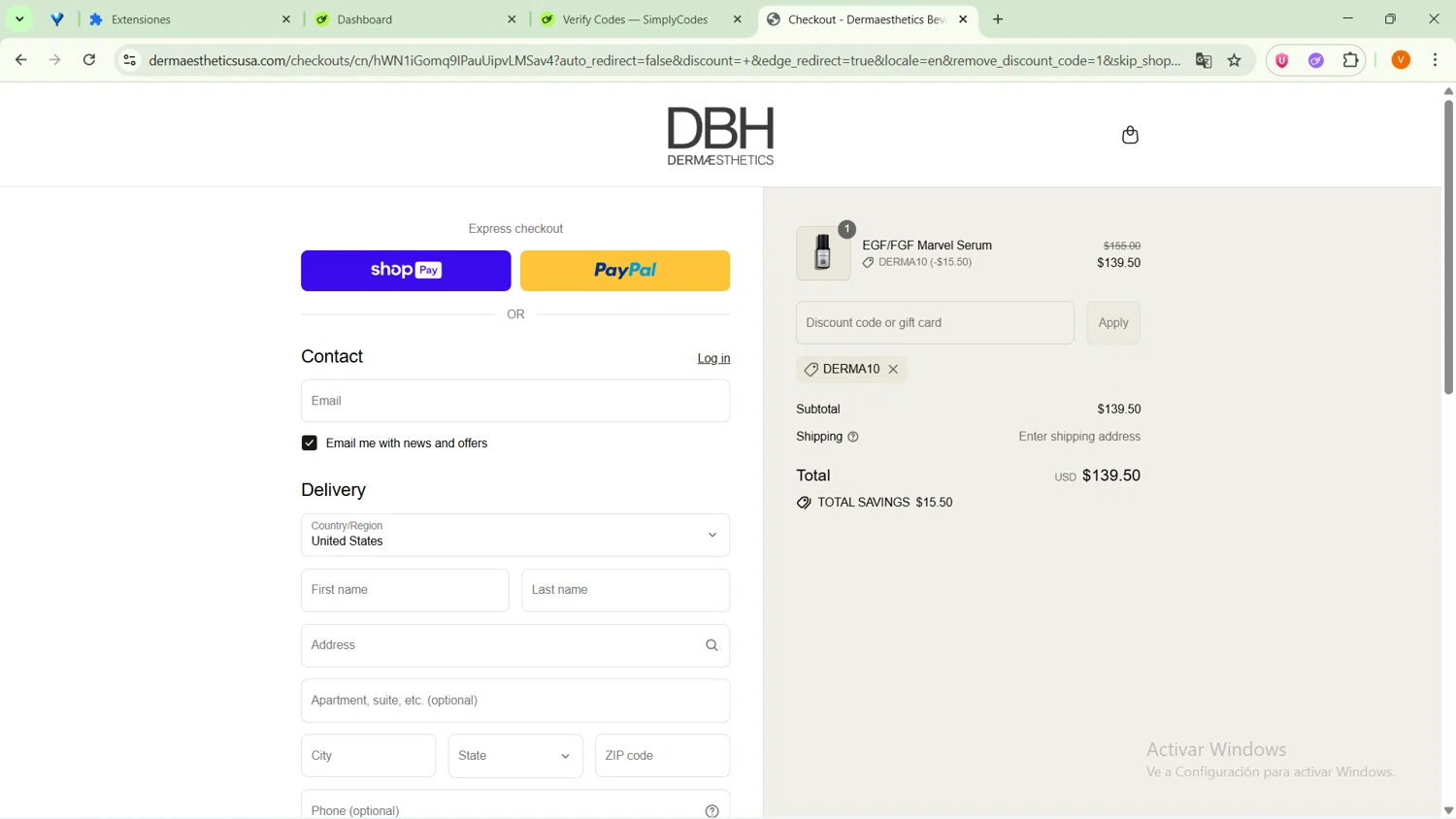 Dermaesthetics Beverly Hills promo code screenshot showing code DERMA10 applied at Dermaesthetics Beverly Hills checkout page. Uploaded by SimplyCodes community member SavingsFinder9954 on Aug 12, 2025