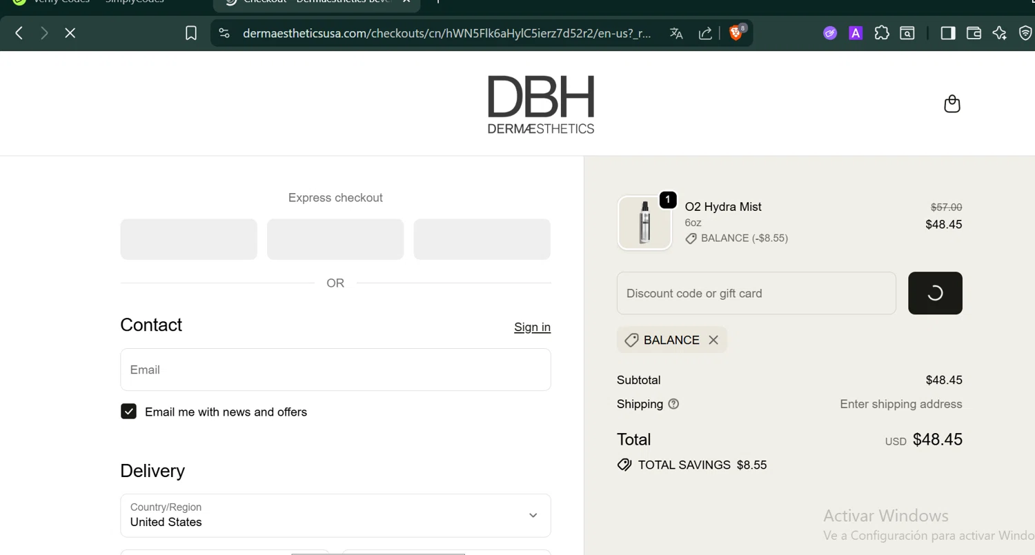 Dermaesthetics Beverly Hills promo code screenshot showing code BALANCE applied at Dermaesthetics Beverly Hills checkout page. Uploaded by SimplyCodes community member PennyCaptain4684 on Nov 13, 2025