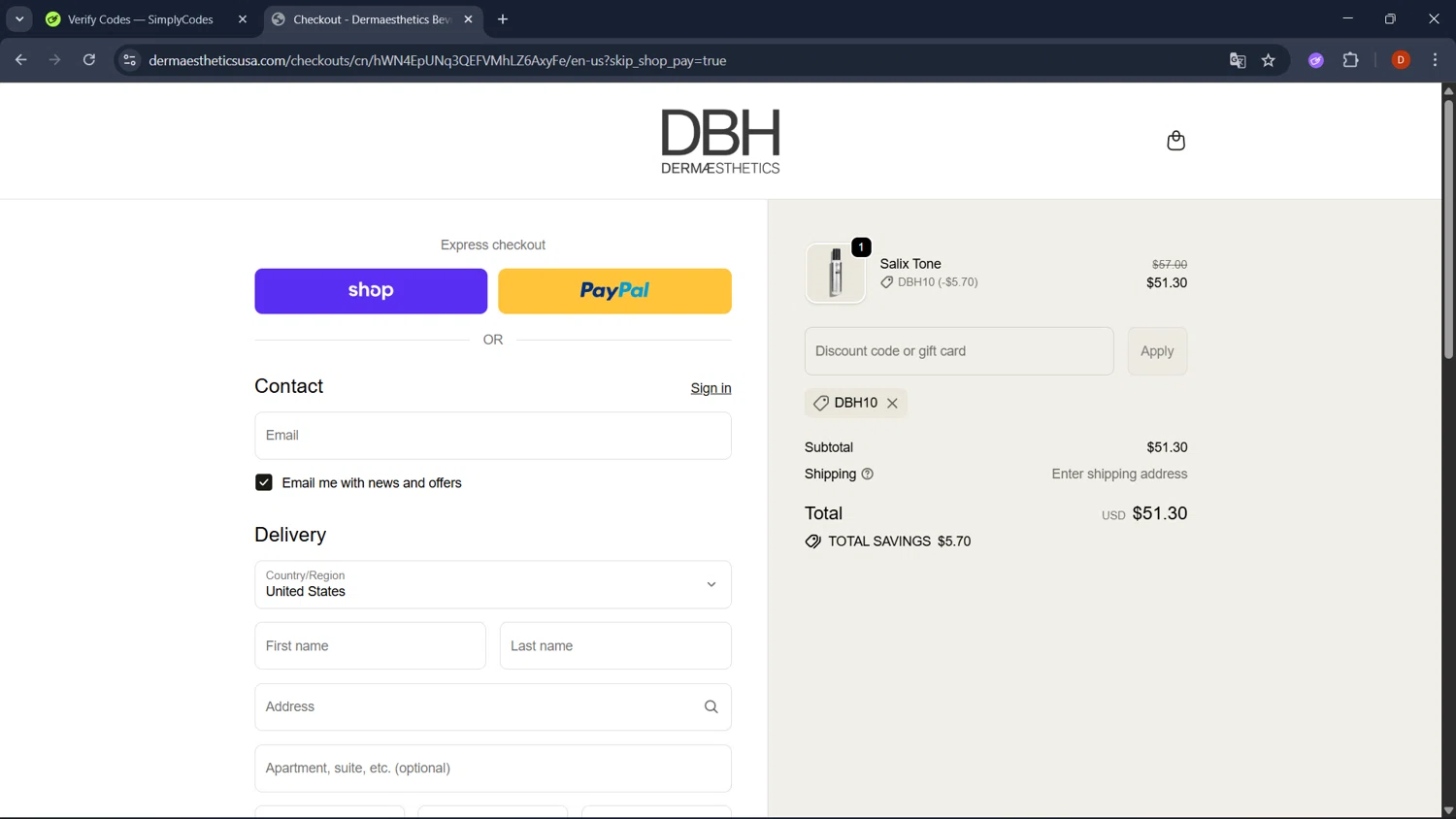 Dermaesthetics Beverly Hills promo code screenshot showing code DBH10 applied at Dermaesthetics Beverly Hills checkout page. Uploaded by SimplyCodes community member RoyalSaver3150 on Oct 18, 2025