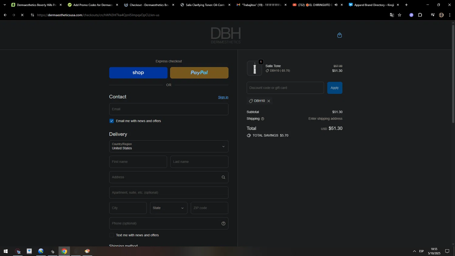 Dermaesthetics Beverly Hills promo code screenshot showing code DBH10 applied at Dermaesthetics Beverly Hills checkout page. Uploaded by SimplyCodes community member MarcosAranguren on Oct 5, 2025