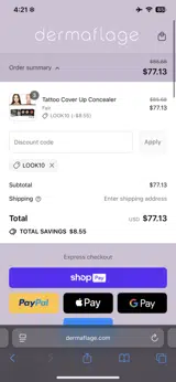 Dermaflage coupon verification screenshot