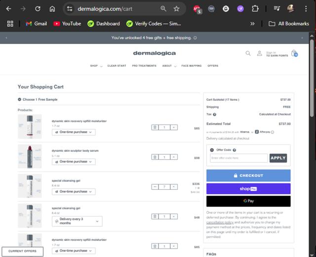 Dermalogica checkout page showing Dermalogica coupon code box | Screenshot taken by SimplyCodes community member on Aug 14, 2025
