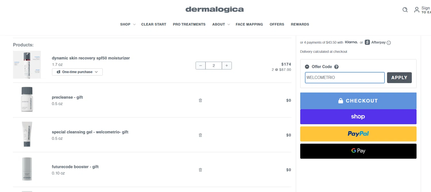 Dermalogica promo code screenshot showing code WELCOMETRIO applied at Dermalogica checkout page. Uploaded by SimplyCodes community member valeriaantonieta on Jun 11, 2026