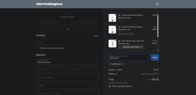 Dermalogica UK checkout page showing Dermalogica UK promo code box | Screenshot taken by SimplyCodes community member on Sep 1, 2025