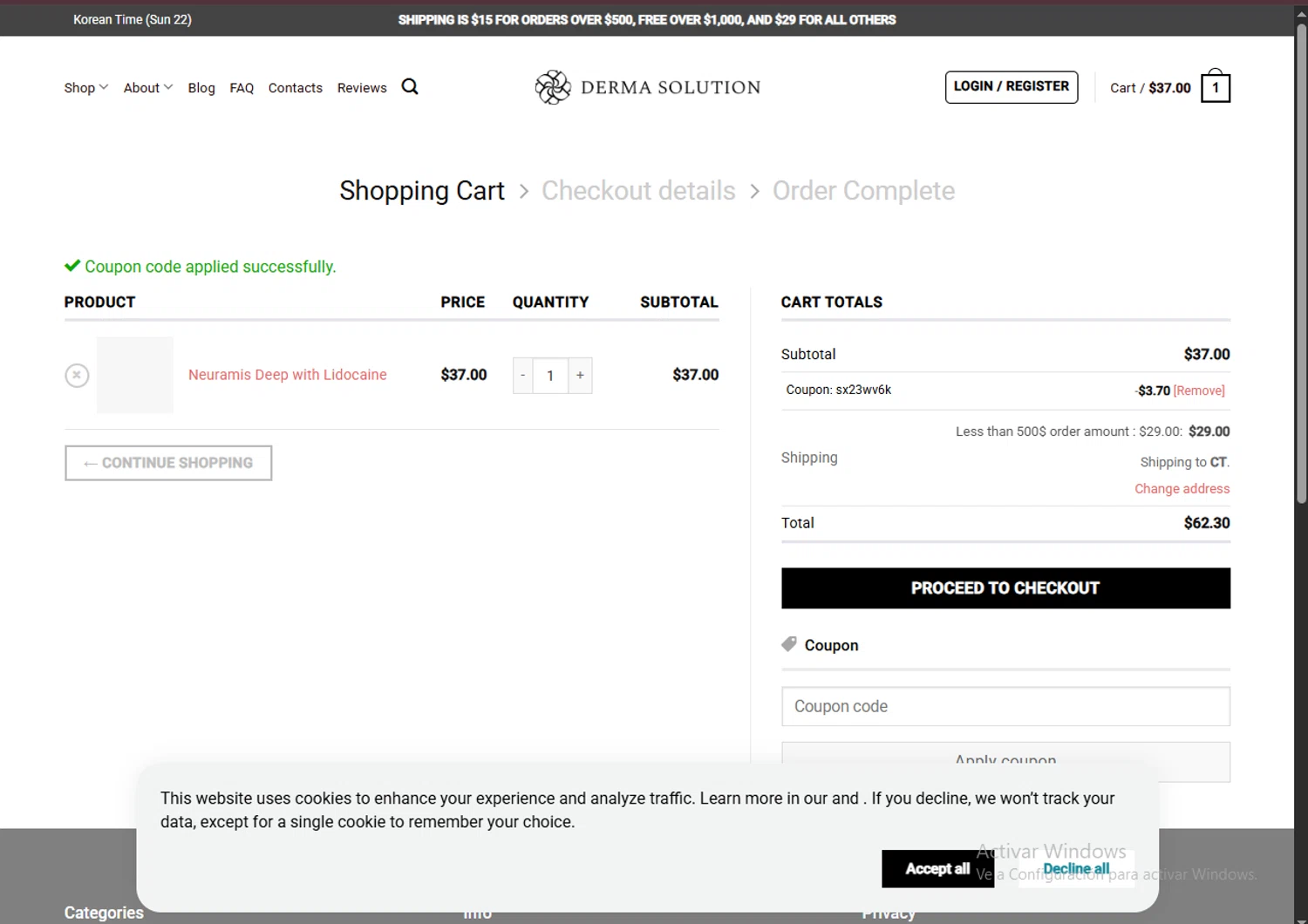Derma Solution coupon code screenshot showing code SX23WV6K applied at Derma Solution checkout page. Uploaded by SimplyCodes community member TreasureHero9595 on Jun 22, 2025