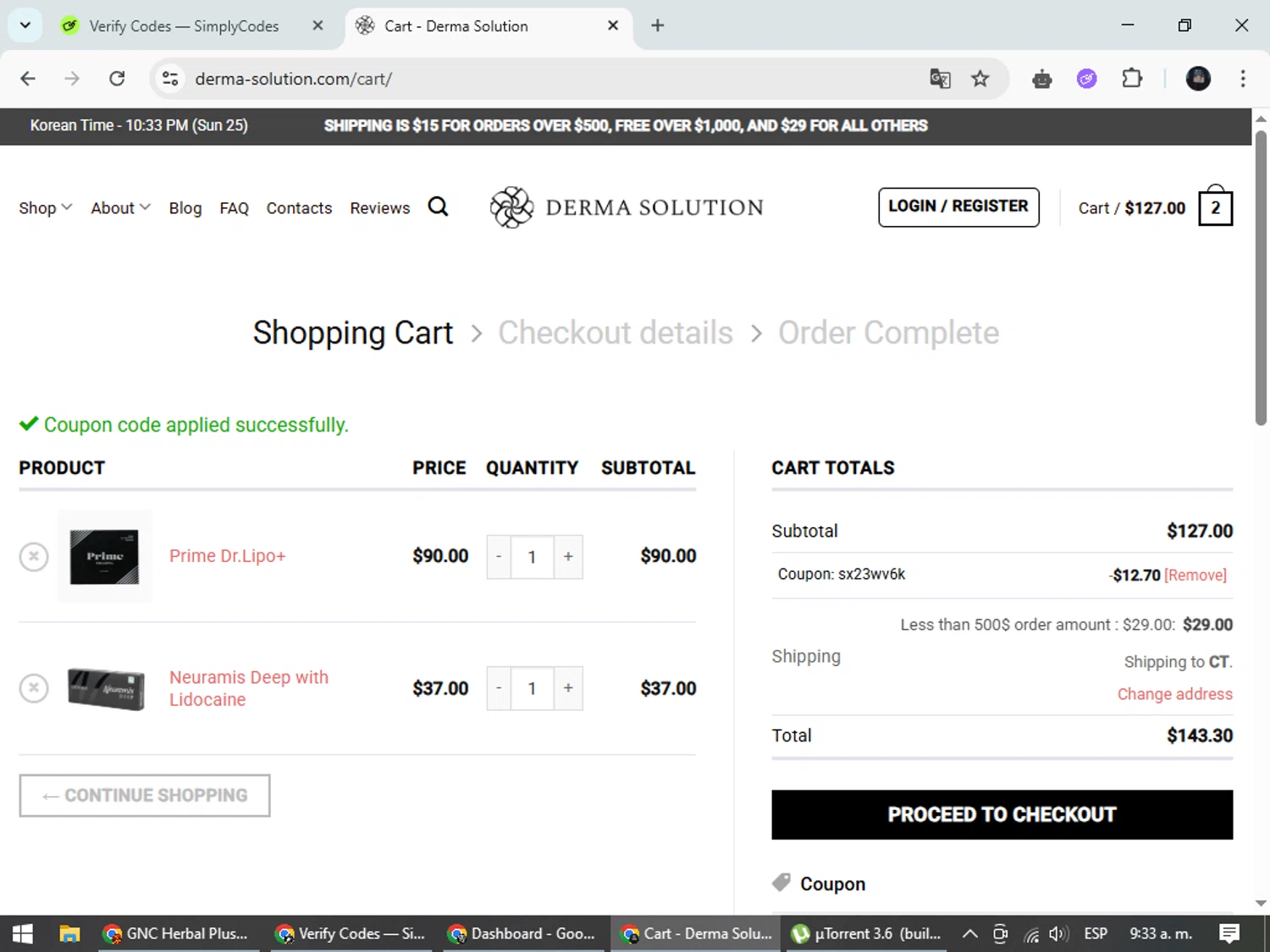 Derma Solution checkout page showing Derma Solution coupon code box | Screenshot taken by SimplyCodes community member on May 25, 2025