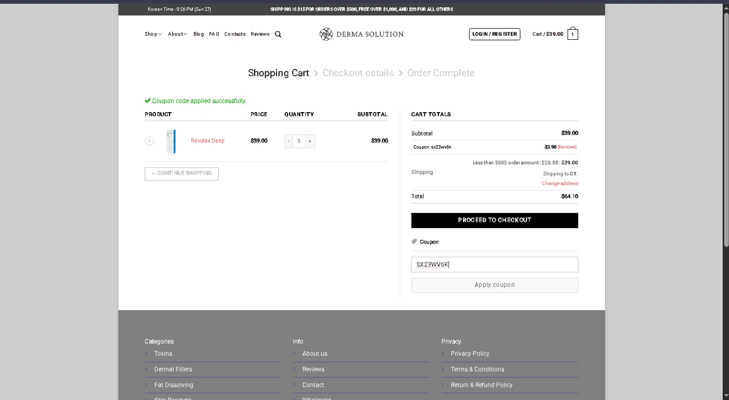 Derma Solution checkout page showing Derma Solution coupon code box | Screenshot taken by SimplyCodes community member on Apr 27, 2025