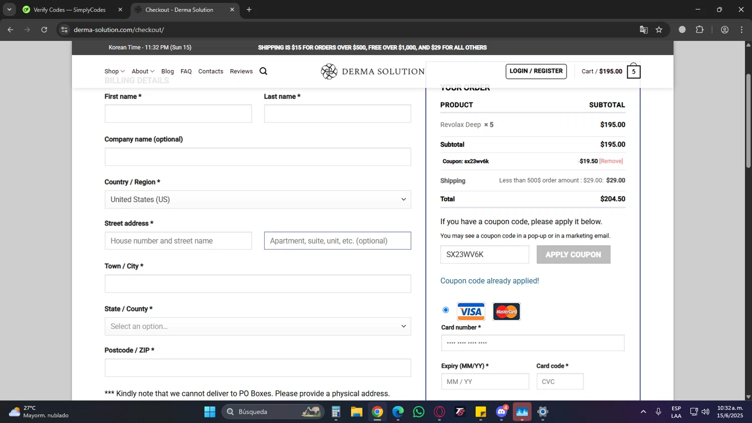 Derma Solution coupon code screenshot showing code SX23WV6K applied at Derma Solution checkout page. Uploaded by SimplyCodes community member jechtff10 on Jun 15, 2025