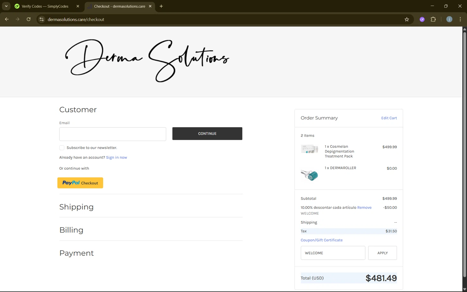 Derma Solutions checkout page showing Derma Solutions coupon code box | Screenshot taken by SimplyCodes community member on Aug 19, 2025