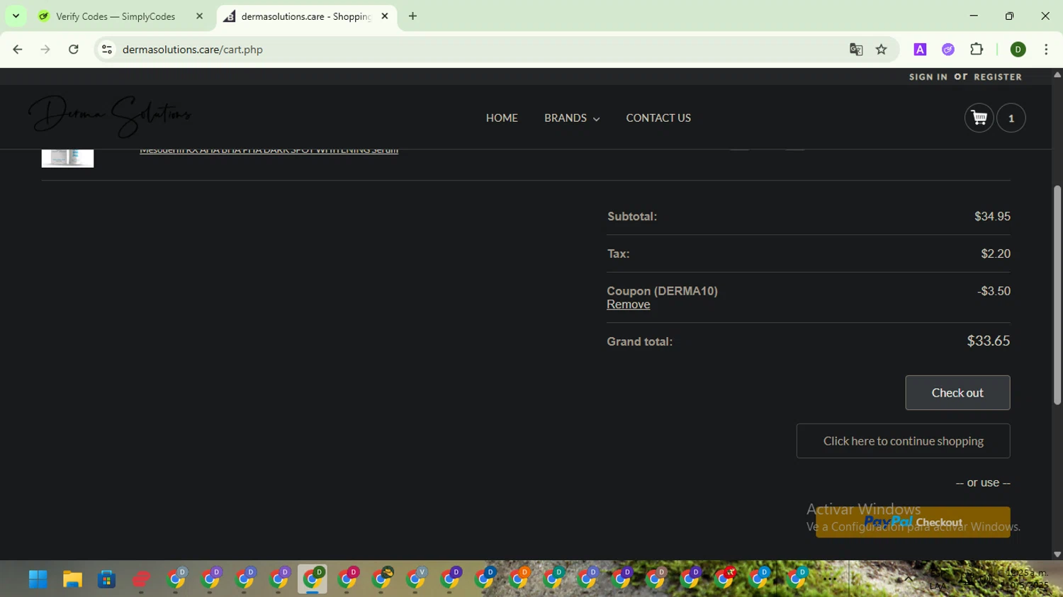Derma Solutions coupon code screenshot showing code DERMA10 applied at Derma Solutions checkout page. Uploaded by SimplyCodes community member BargainGuardian5495 on May 10, 2025