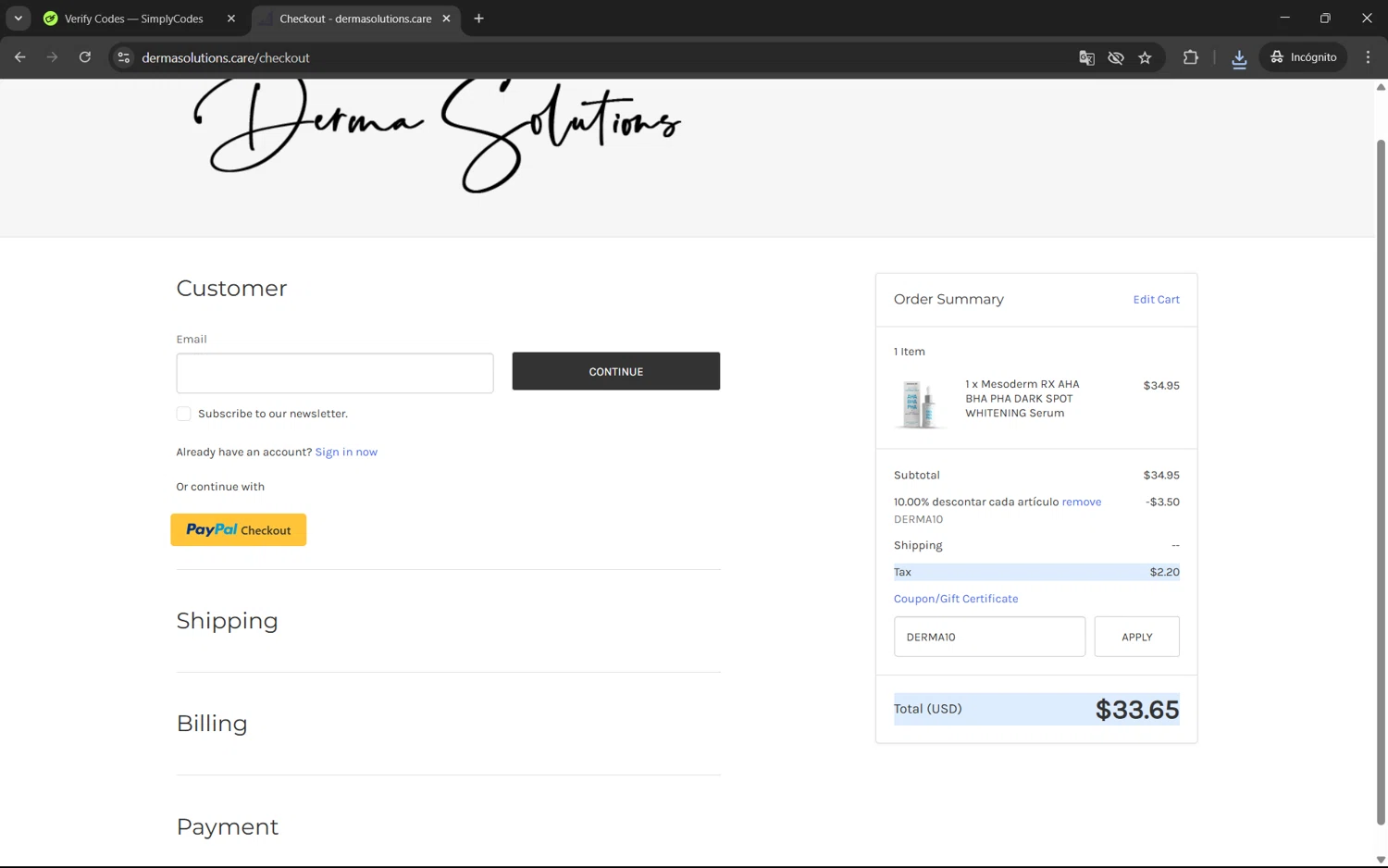 Derma Solutions coupon code screenshot showing code DERMA10 applied at Derma Solutions checkout page. Uploaded by SimplyCodes community member juan1702 on Apr 16, 2025