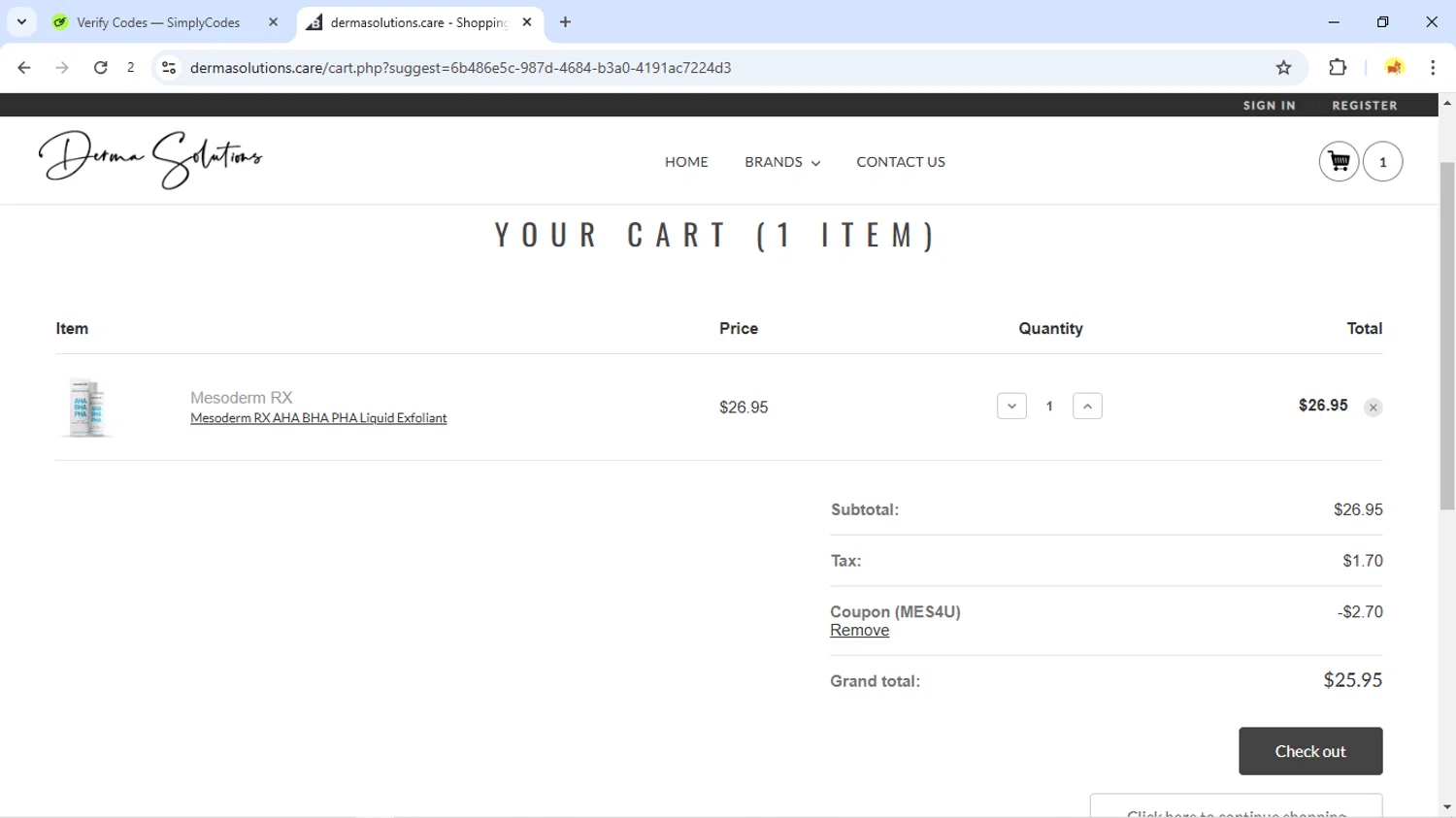 Derma Solutions coupon code screenshot showing code MES4U applied at Derma Solutions checkout page. Uploaded by SimplyCodes community member JoseVentura on Jan 30, 2025