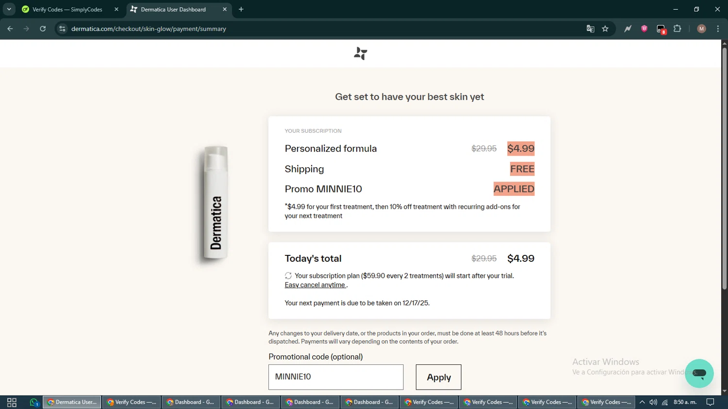 Dermatica US promo code screenshot showing code MINNIE10 applied at Dermatica US checkout page. Uploaded by SimplyCodes community member DiscountTitan4635 on Nov 19, 2025