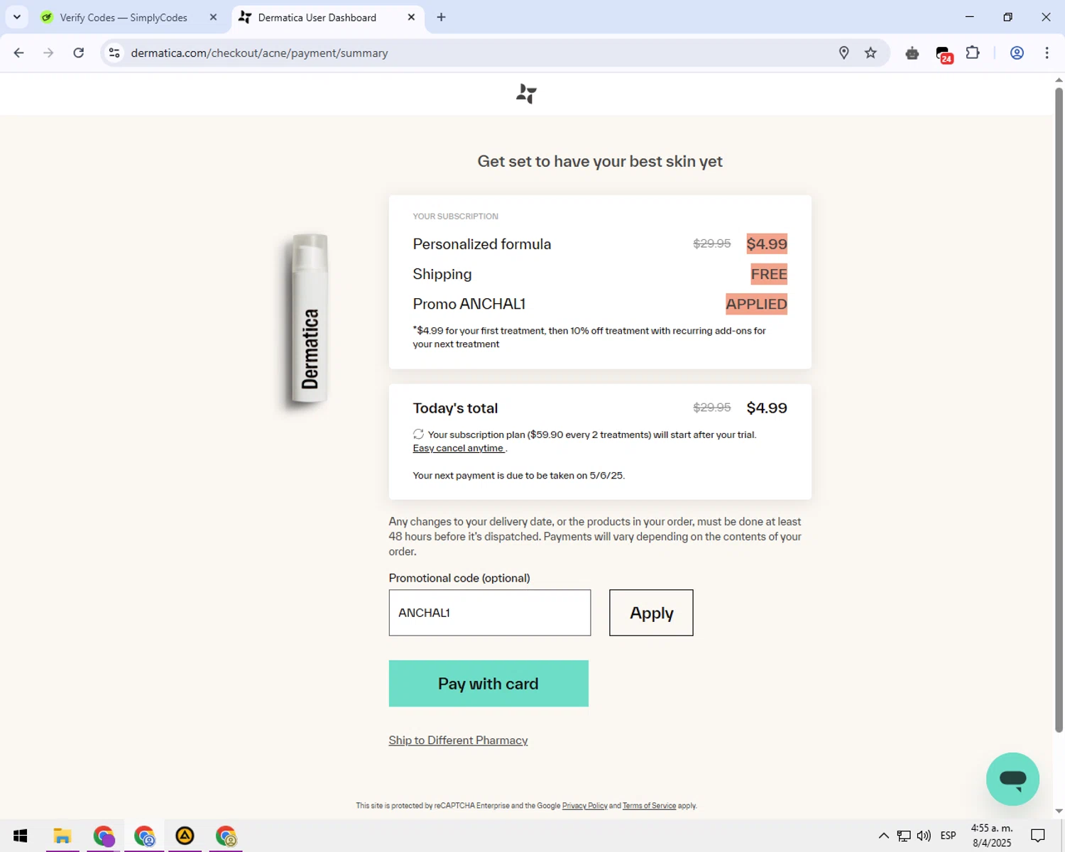 Dermatica US promo code screenshot showing code ANCHAL1 applied at Dermatica US checkout page. Uploaded by SimplyCodes community member balance888 on Apr 8, 2025