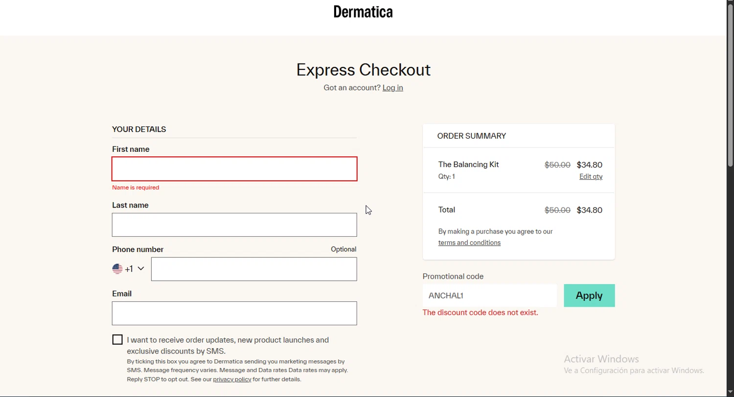 Dermatica US promo code screenshot showing code ANCHAL1 applied at Dermatica US checkout page. Uploaded by SimplyCodes community member Jsjsjsjsjsjsjs on Apr 8, 2025